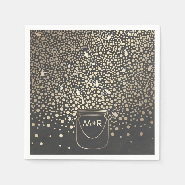 Serviettes En Papier Fireflies Mason Jar Gold et Chalkboard Rustique (Devant)