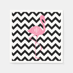 Serviettes En Papier Flamant rose rose monogramme + Chevron noir