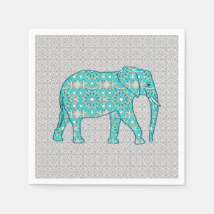 Serviettes En Papier Fleur mandala éléphant - turquoise, gris & blanc