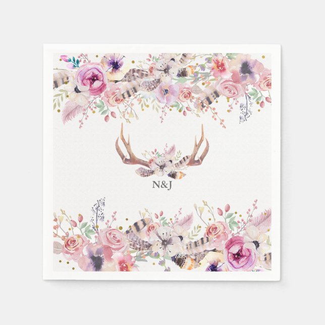 Serviettes En Papier Fleurs & Cerfs Antlers Mariage Rustique Événement (Devant)