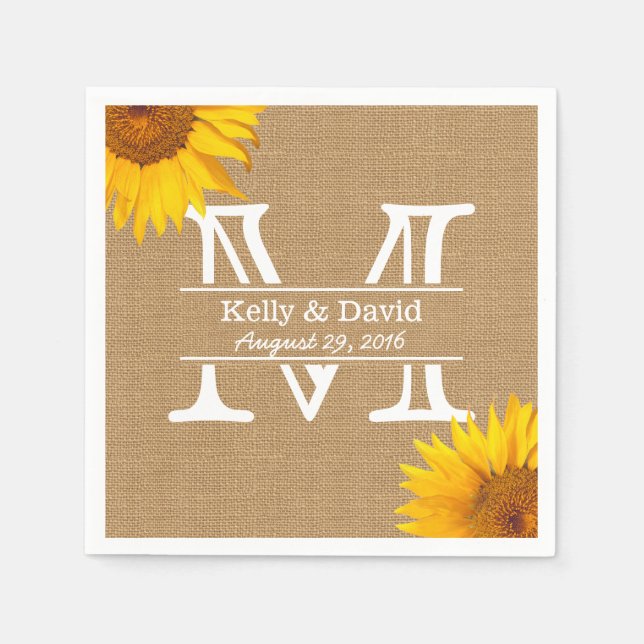 Serviettes En Papier Fleurs de soleil de pays Monogramme Burlap Mariage (Devant)