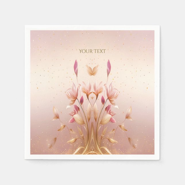 Serviettes en papier fleurs feuilles dorées roses (Devant)