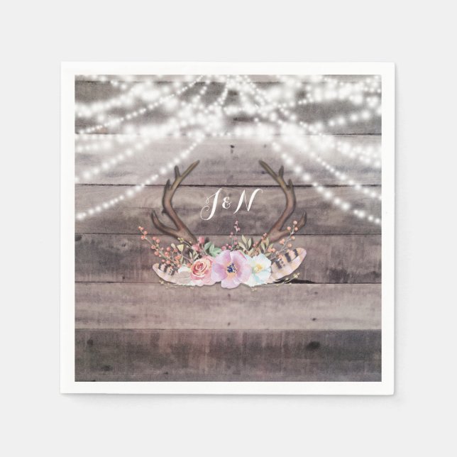 Serviettes En Papier Floral Deer Antlers & String Lights Rustic Party (Devant)