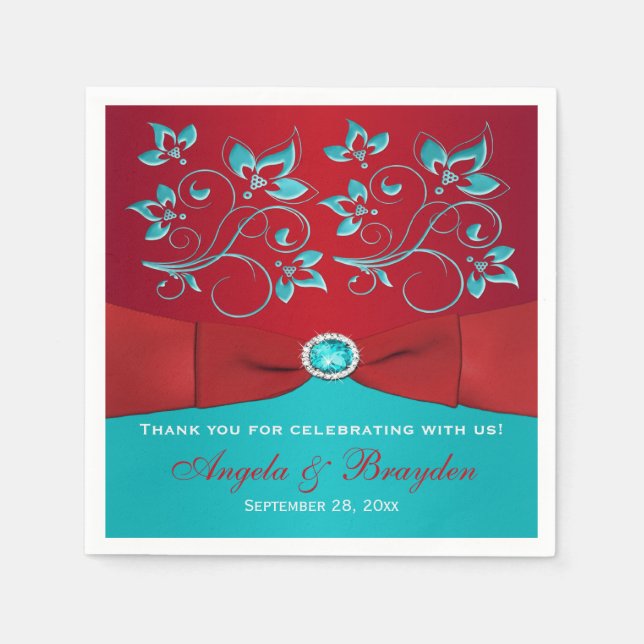 Serviettes en papier floral rouge, turquoise (Devant)