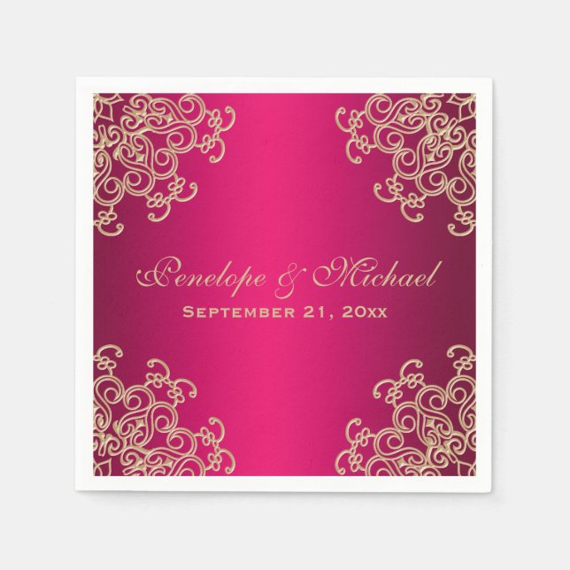 Serviettes En Papier Fuchsia et Mariage de style indien Gold (Devant)