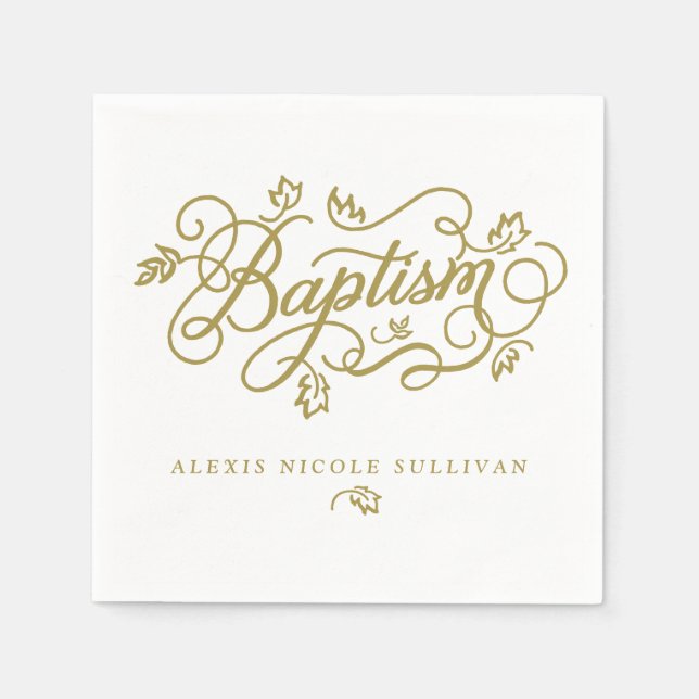 Serviettes En Papier Gold Joli script de calligraphie Baptême floral (Devant)