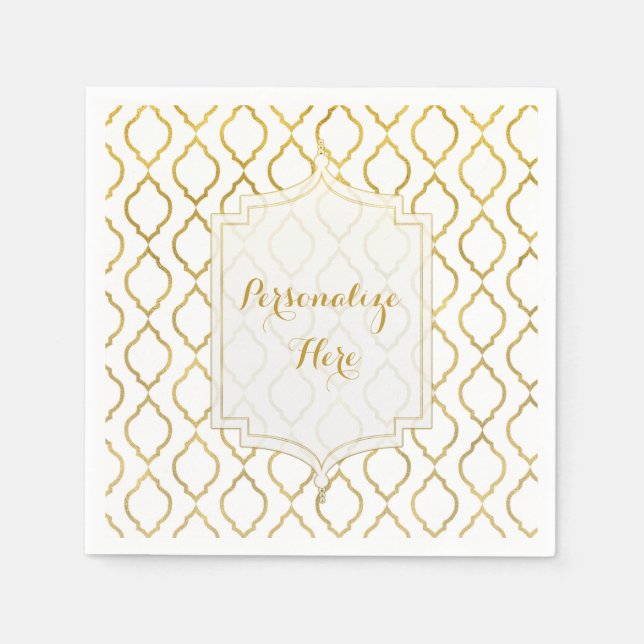 Serviettes En Papier Gold & White Elegant Marocain Personnalisé Mariage (Devant)