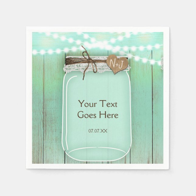 Serviettes En Papier Grand Mason Jar & Lumières Mint Rustique Mariage (Devant)