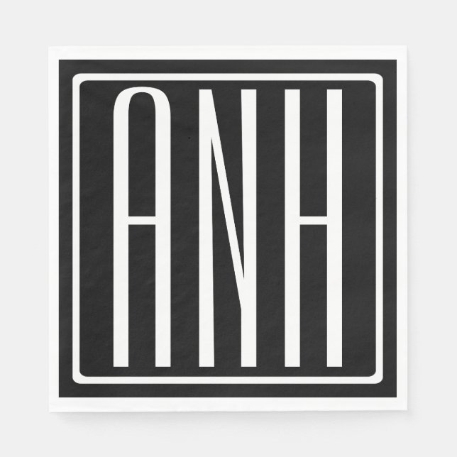 Serviettes En Papier Gras moderne 3 initiales Monogramme | Blanc sur no (Devant)