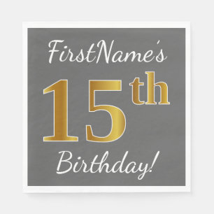 Serviettes En Papier Grey, Faux Gold 15e anniversaire + Nom personnalis