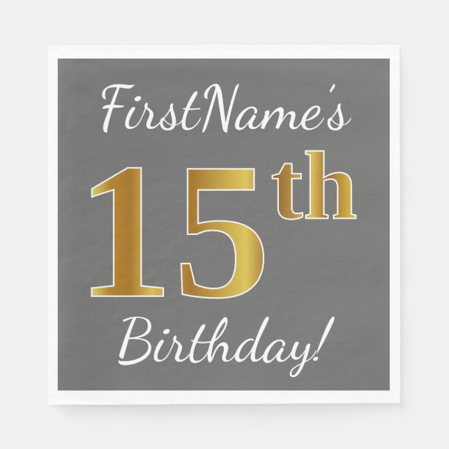 Serviettes En Papier Grey, Faux Gold 15e anniversaire + Nom personnalis (Devant)