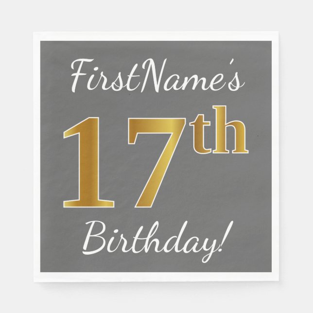 Serviettes En Papier Grey, Faux Gold 17e anniversaire + Nom personnalis (Devant)