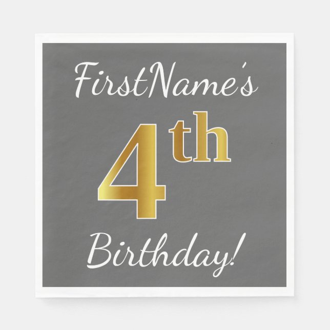 Serviettes En Papier Grey, Faux Gold 4th Birday + Nom personnalisé (Devant)