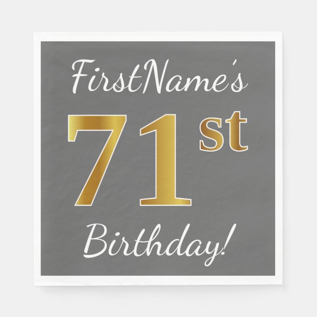 Serviettes En Papier Grey, Faux Gold 71e anniversaire + Nom personnalis (Devant)