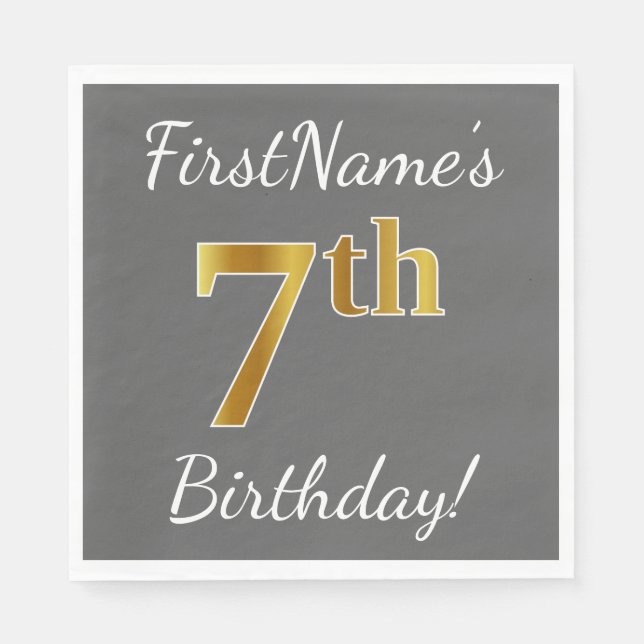 Serviettes En Papier Grey, Faux Gold 7e anniversaire + Nom personnalisé (Devant)