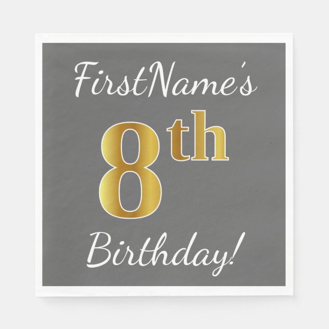 Serviettes En Papier Grey, Faux Gold 8e anniversaire + Nom personnalisé (Devant)