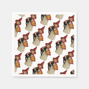 Serviettes En Papier Halloween à l'ancienne, sorcière fille avec chat n