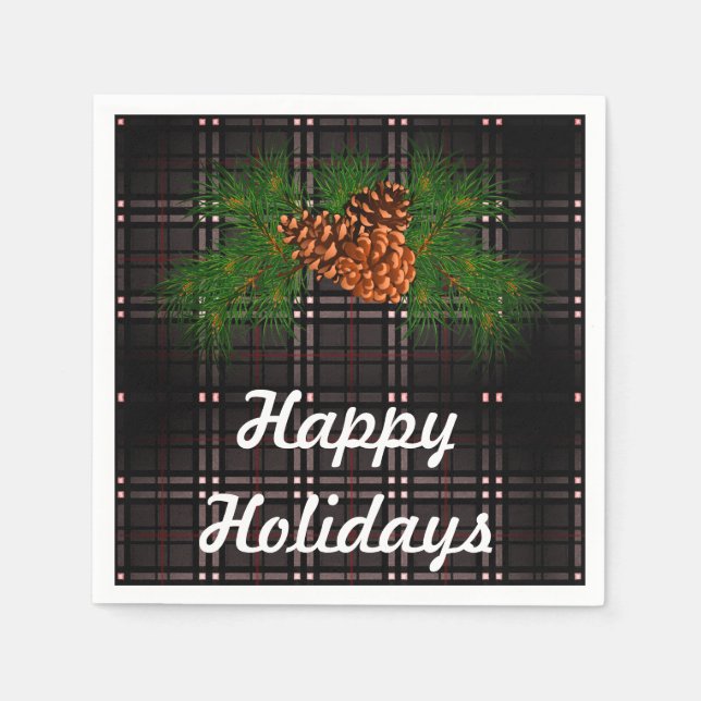 Serviettes En Papier Happy Holiday - tartan gris avec détail de cône de (Devant)