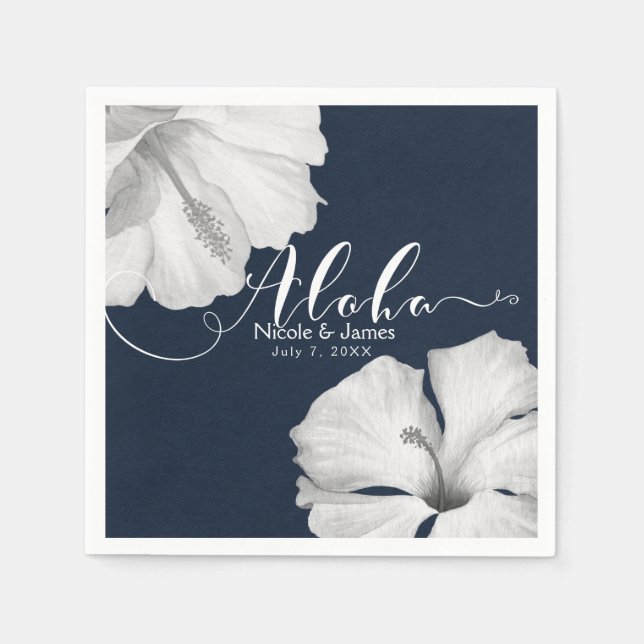 Serviettes En Papier Hibiscus blanc Mariage tropical bleu Aloha (Devant)