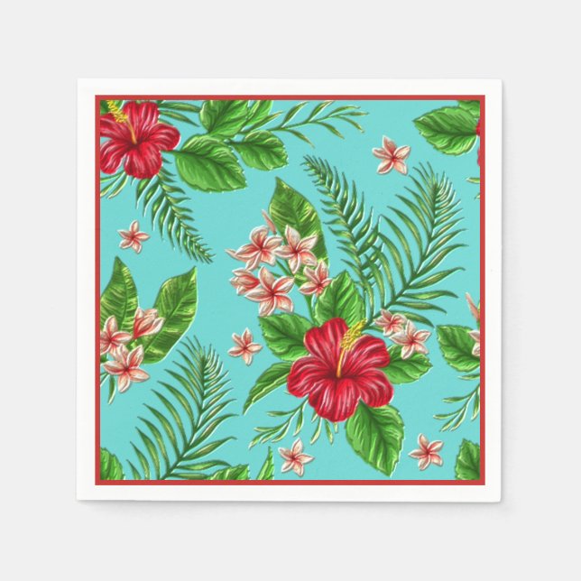 Serviettes En Papier Hibiscus Tropical Rose Cute Fleur Sur Turquoise (Devant)