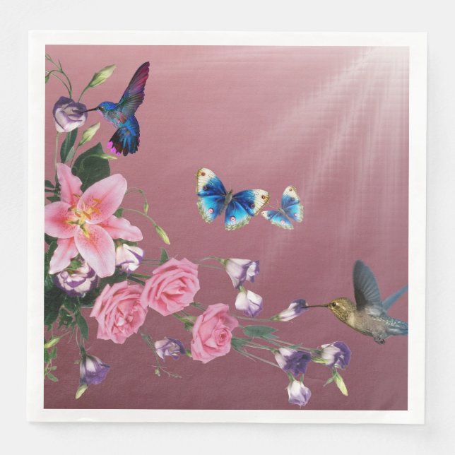 Serviettes En Papier Hummingbirds Fleurs Papillons Papier Napkins (Devant)