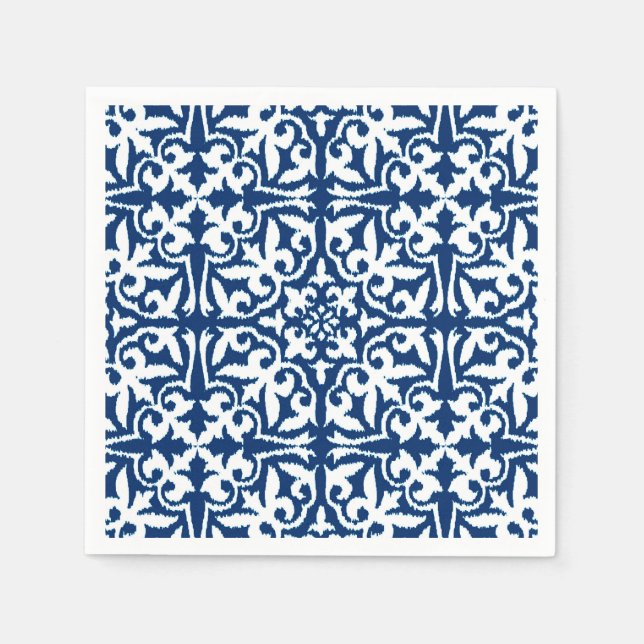 Serviettes En Papier Ikat damask pattern - Cobalt bleu et blanc (Devant)
