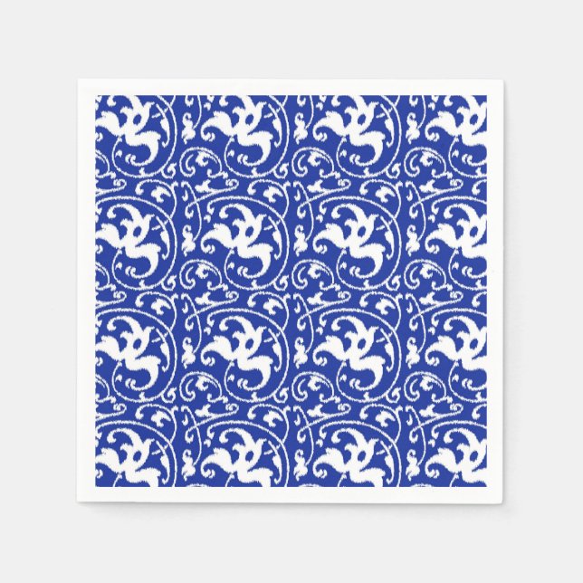 Serviettes En Papier Ikat Floral Damask - Cobalt bleu et blanc (Devant)