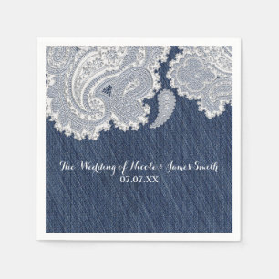 Serviettes En Papier Jean en Denim & Dentelle Blanche Élégant Mariage d