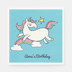 Serviettes En Papier Joli Doodle d'anniversaire Rainbow Unicorn Stars N