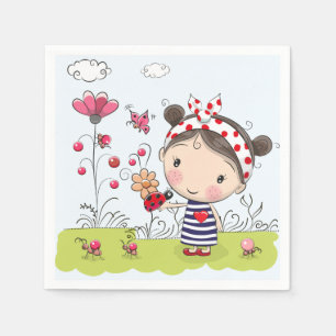 Serviettes En Papier Jolie fille en dessin animé avec Ladybug dans la s