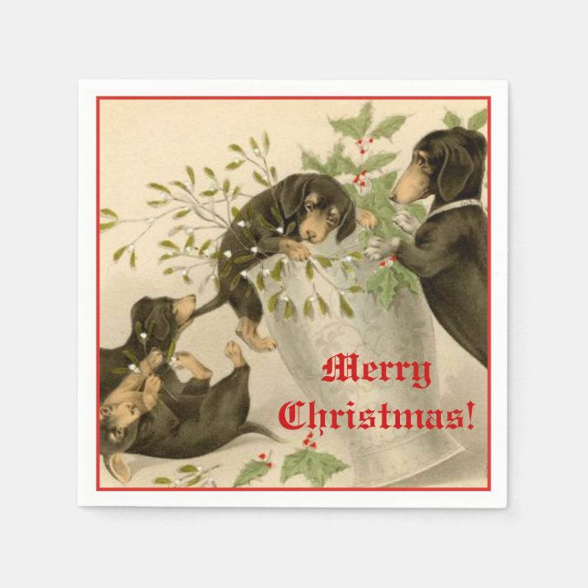 Serviettes En Papier Jouer mignon chiens de dachshund et mistletoe vint (Devant)