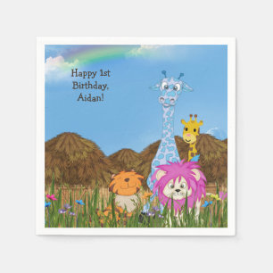 Serviettes En Papier Joyeux Anniversaire des animaux de la jungle avec
