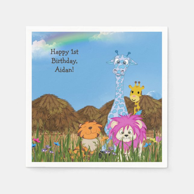 Serviettes En Papier Joyeux Anniversaire des animaux de la jungle avec  (Devant)