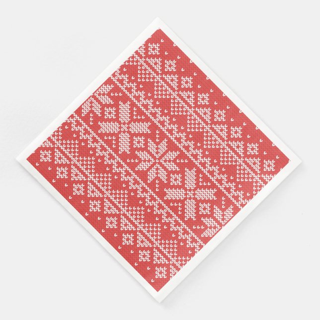 Serviettes En Papier Joyeux Noël Fair Isle Snowflakes Blanc & Rouge (Coin)