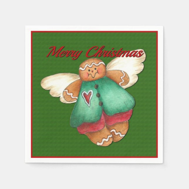 Serviettes En Papier Joyeux Noël Gingerpain Angel Green Napkins (Devant)