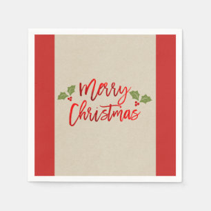 Serviettes En Papier Joyeux Noël Rouge Faux Feuille Moderne Écriture Kr