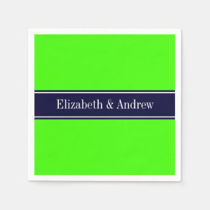 Serviettes En Papier Lime solide vert, ruban bleu marine Nom Monogramme