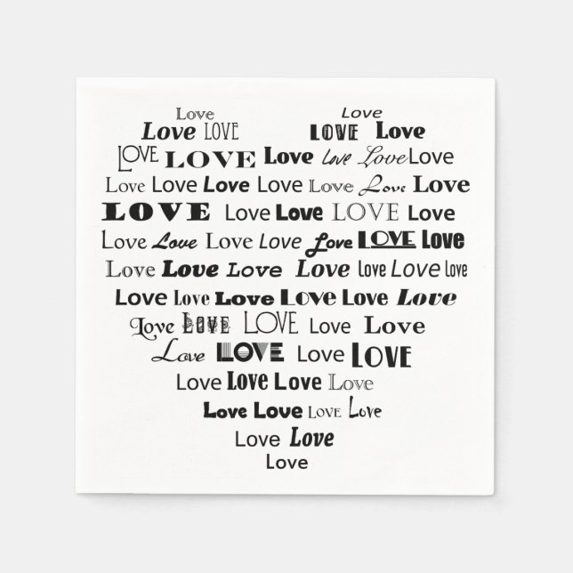 Serviettes En Papier Love Heart Word Cloud - Noir et Blanc (Devant)