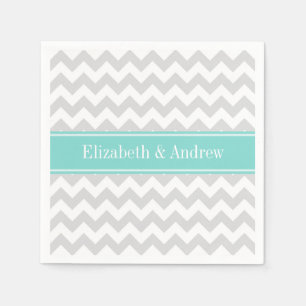 Serviettes En Papier Lt Gray Wht Chevron ZigZag Aqua Nom Monogram
