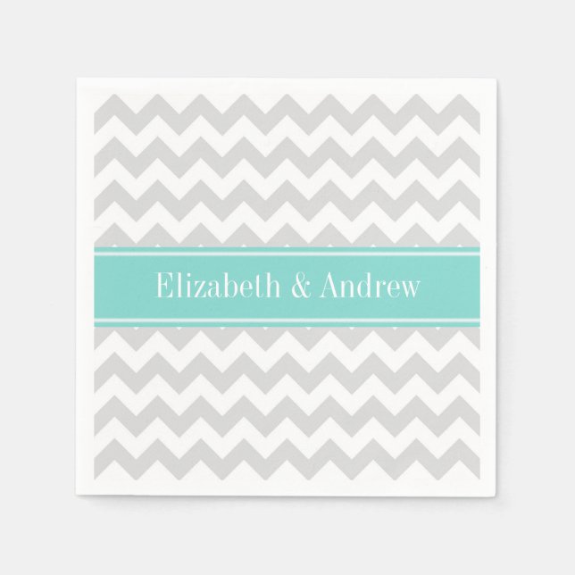 Serviettes En Papier Lt Gray Wht Chevron ZigZag Aqua Nom Monogram (Devant)