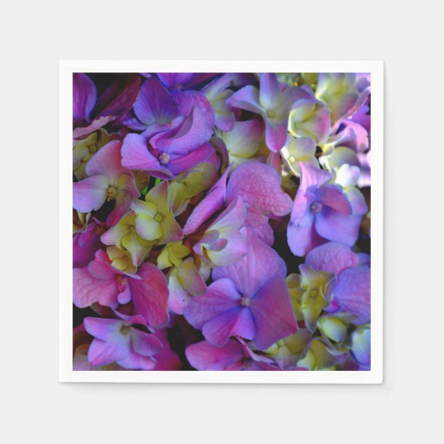 Serviettes En Papier Magenta Purple bleu jaune Hydrangeas fleurs (Devant)
