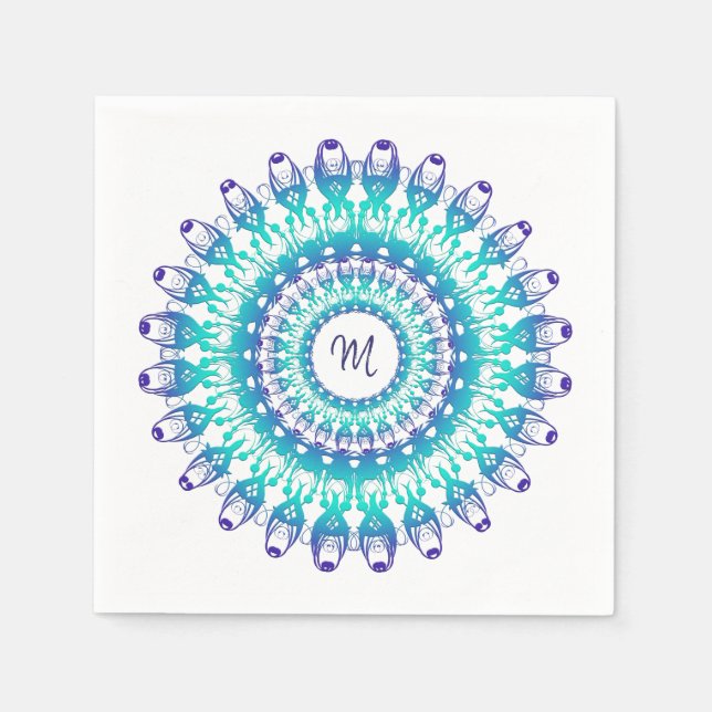 Serviettes En Papier Mandala ethnique turquoise. monogramme. (Devant)