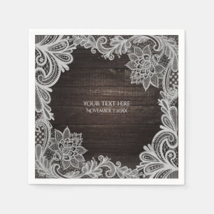 Serviettes En Papier Mariage Bois Rustique Sombre & Dentelle Élégante