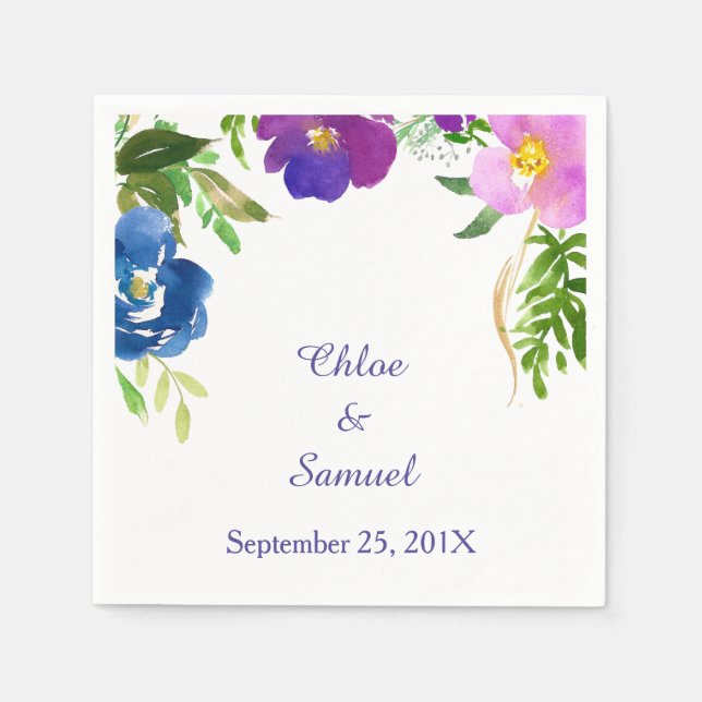 Serviettes En Papier Mariage dans le jardin violet bleu (Devant)