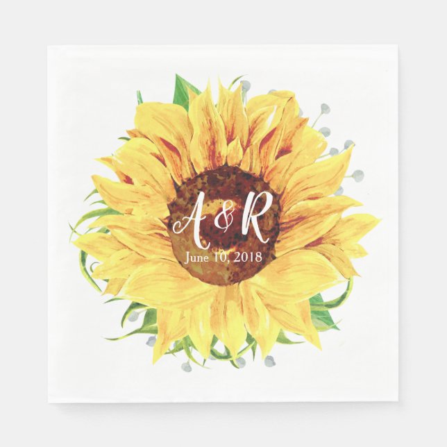 Serviettes En Papier Mariage de monogramme de tournesol jaune (Devant)