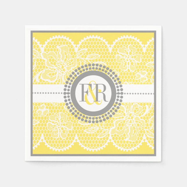 Serviettes En Papier Mariage de motif en dentelle jaune blanc (Devant)