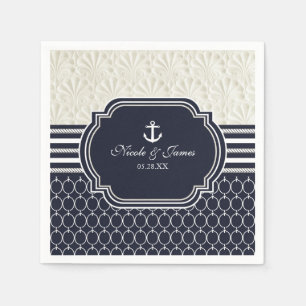 Serviettes En Papier Mariage de plage élégant bleu marine et blanc