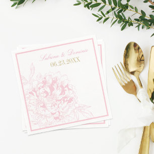 Serviettes En Papier Mariage Élégant aux Pivoines Roses et Dorées