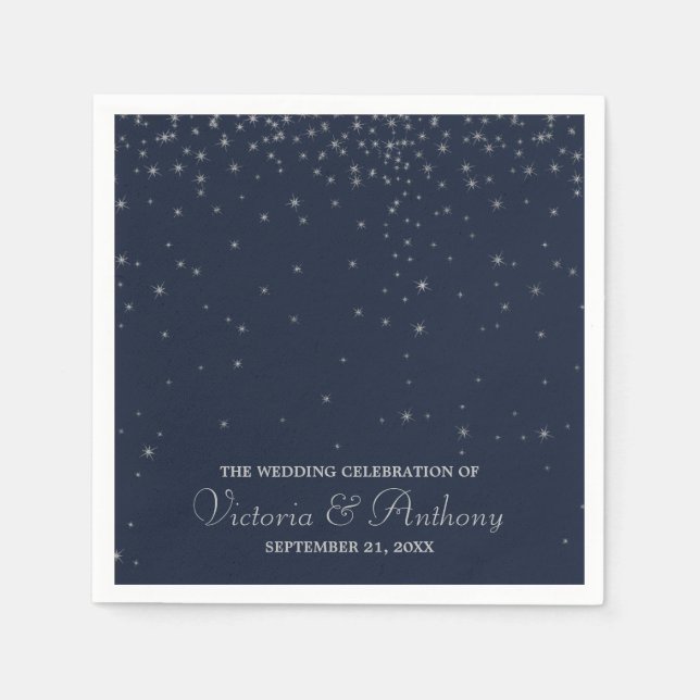 Serviettes En Papier Mariage Elegant Marine & Silver Falling Stars (Devant)