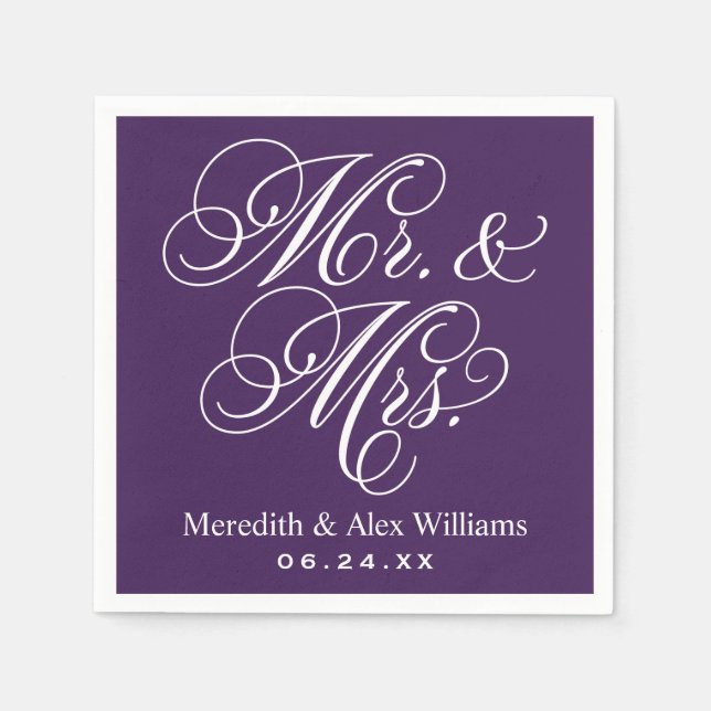 Serviettes En Papier Mariage élégant violet écriture Mr et Mrs (Devant)